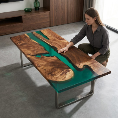 Epoxy resin dining table genuine wood solid furniture waterfall epoxy table 191x91cm