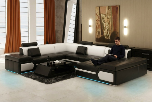 Leather Sofa Couch Living Landscape Sectional Sofa Suite Design Modern Black +USB