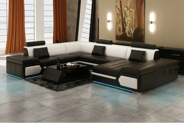 Leather Sofa Couch Living Landscape Sectional Sofa Suite Design Modern Black +USB