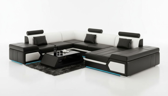 Leather Sofa Couch Living Landscape Sectional Sofa Suite Design Modern Black +USB
