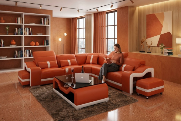 Design corner sofa couch leather L-shaped living landscape upholstery corner suite