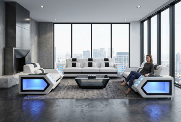 Sofa Couch Seat Upholstery Complete Group Set Leather Suite 3+2+1 + LED + USB New