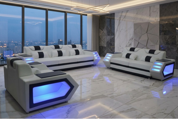 Sofa Couch Seat Upholstery Complete Group Set Leather Suite 3+2+1 + LED + USB New