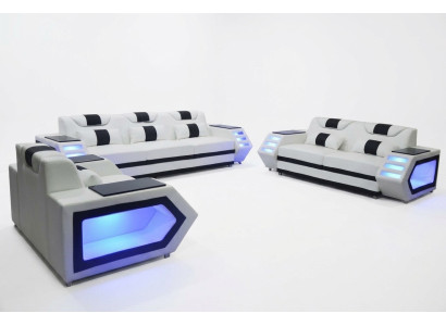 Sofa Couch Seat Upholstery Complete Group Set Leather Suite 3+2+1 + LED + USB New