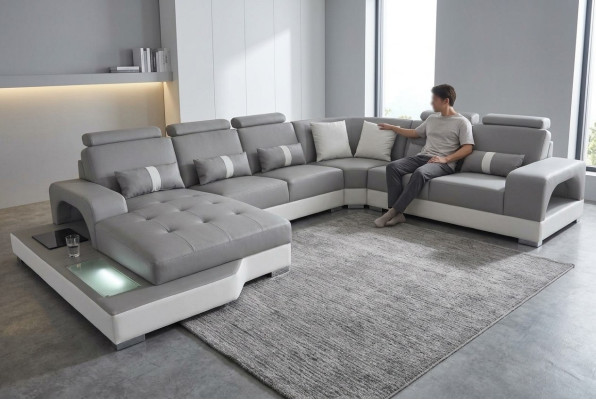 Leather corner sofa living landscape set design modern couch sofas with USB LED new