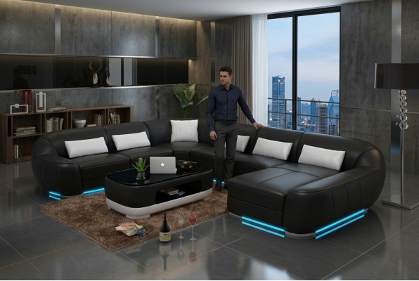 Design Leather Corner Sofa Modern Suite Couch Corner New Living Landscape Gray USB