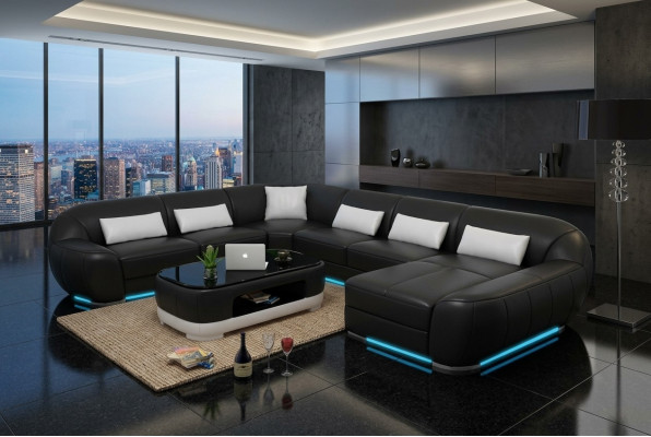 Design Leather Corner Sofa Modern Suite Couch Corner New Living Landscape Gray USB