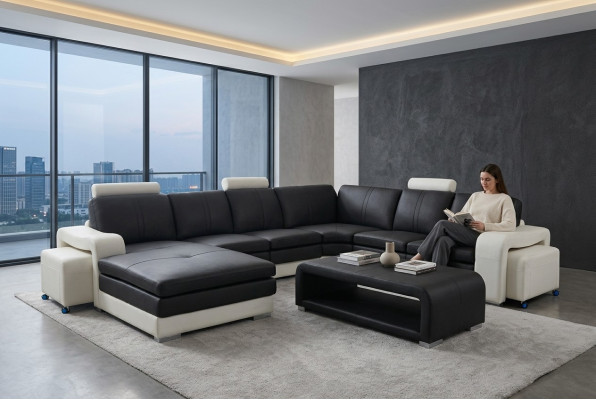 Leather corner sofa +USB, couch upholstery seating furniture set landscape modern design