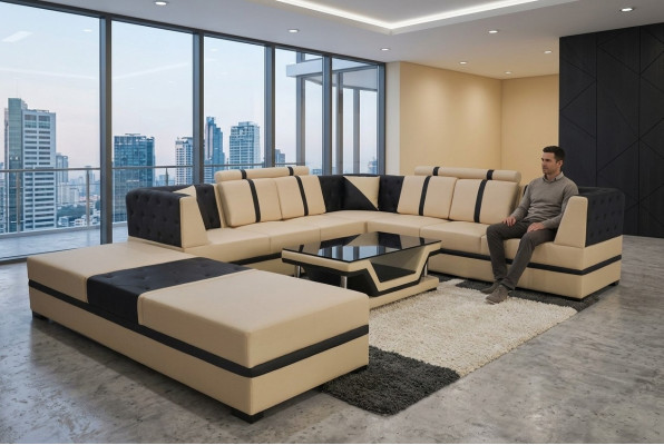 Leather corner sofa couch upholstery seat living landscape design furniture set + USB
