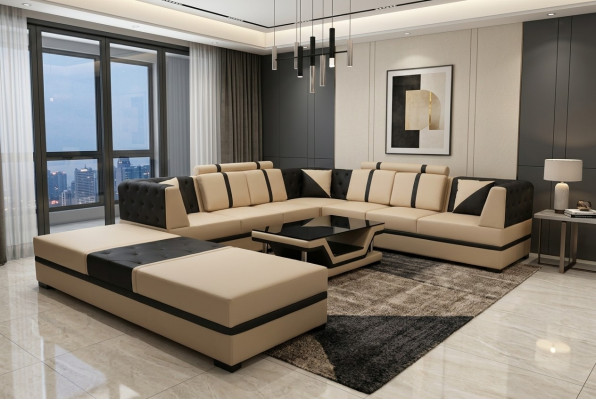 Leather corner sofa couch upholstery seat living landscape design furniture set + USB
