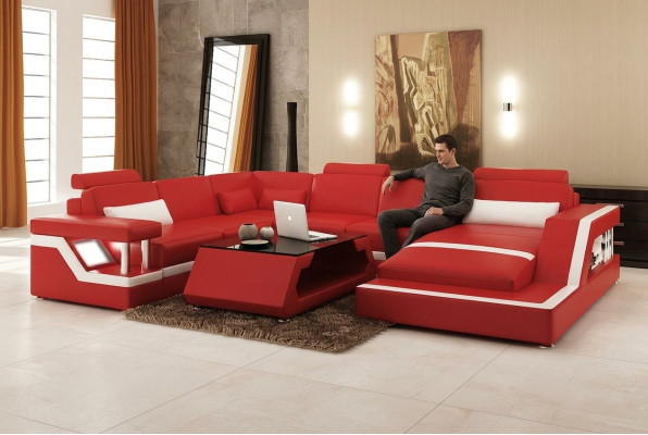 Design Leather Living Landscape Corner Sofa Modern Suite Couch Corner Red USB + LED