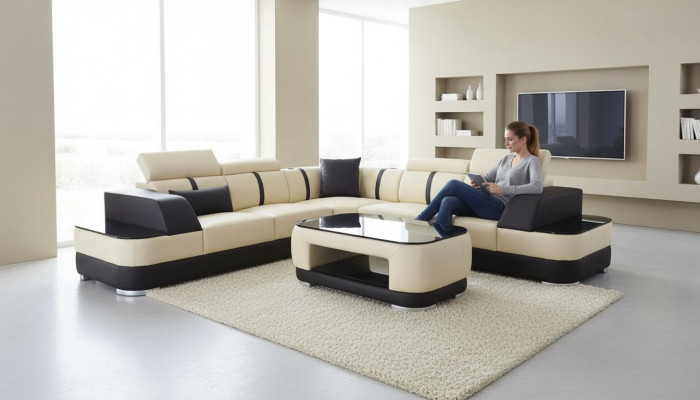 Corner sofa + USB leather upholstery corner unit couches L shape + table living area