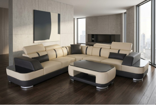 Corner sofa + USB leather upholstery corner unit couches L shape + table living area