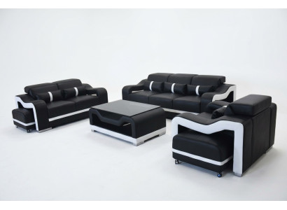 Sofa Leather + USB, Couch Upholstered Suite 3+2+1 Seat Complete Set Suites + Table