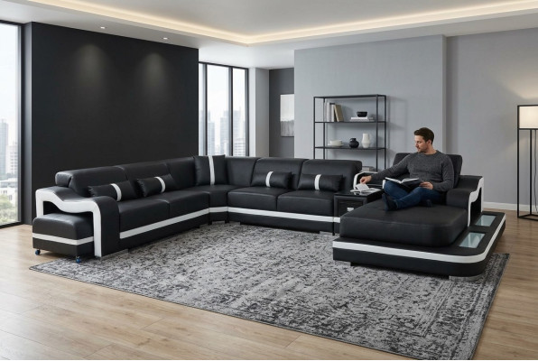 Leather Couch Upholstery Seat Design Corner Set Sofa Living Area + Light + USB