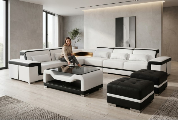 Leather sofa with USB upholstery corner couch set living landscape table stool