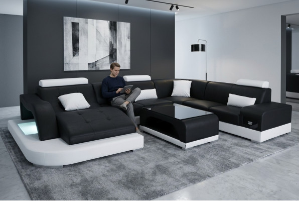 Leather sofa with USB, modern seat couch, upholstery design, corner living landscape table