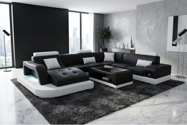 Leather sofa with USB, modern seat couch, upholstery design, corner living landscape table
