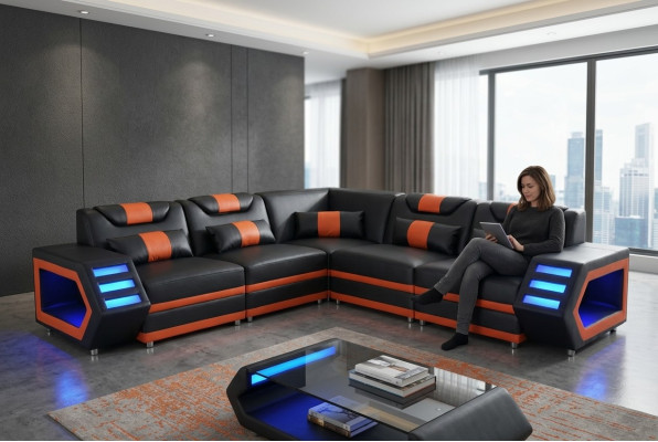 Design Leather Upholstery Seat Corner Couch Upholstery Corner Landscape Living Sofa USB LED