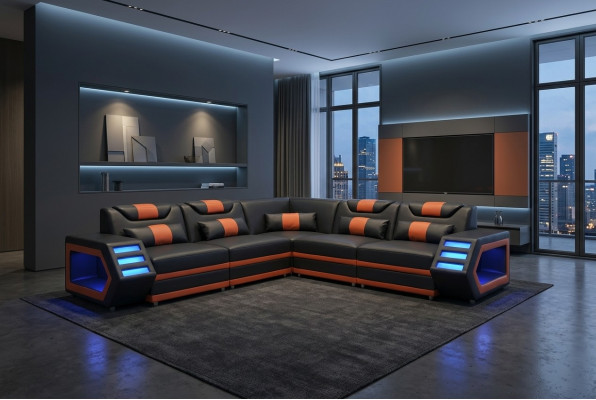 Design Leather Upholstery Seat Corner Couch Upholstery Corner Landscape Living Sofa USB LED