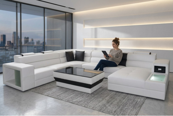 Corner sofa, corner suite, corner couch, sofa, couch, upholstery, living area, table, LED, USB, new