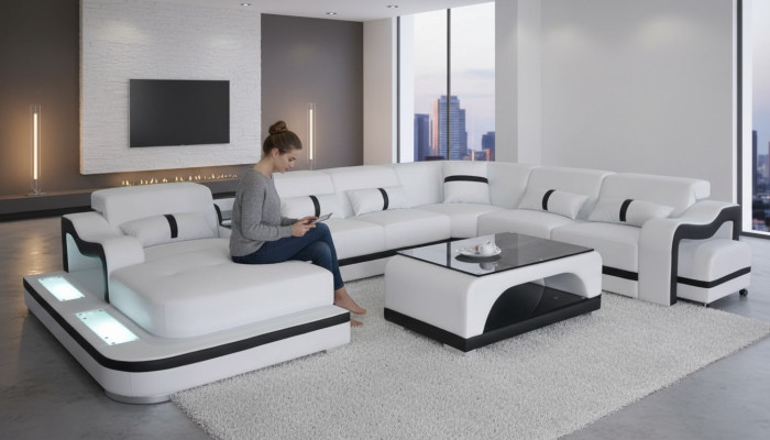 Corner sofa corner suite corner couch sofa couch upholstery living landscape table USB LED new