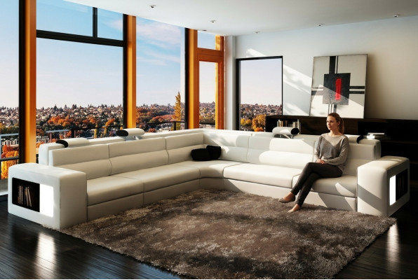 Leather sofa with USB, corner sofa seat upholstery XXL large (wicker) white living area