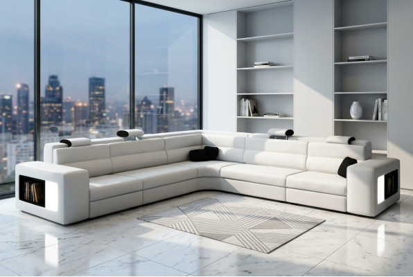Leather sofa with USB, corner sofa seat upholstery XXL large (wicker) white living area