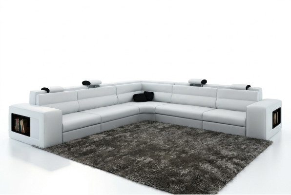 Leather sofa with USB, corner sofa seat upholstery XXL large (wicker) white living area
