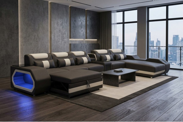 XXL Modern Leather Upholstered Corner Couch Sofa Corner Living Area Bed USB LED