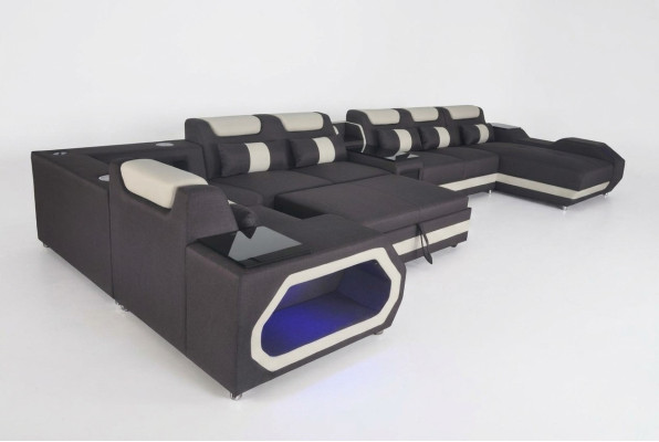 XXL Modern Leather Upholstered Corner Couch Sofa Corner Living Area Bed USB LED