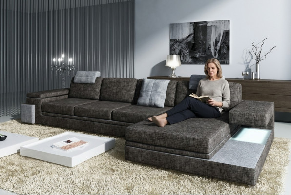 Design leather sofa with USB upholstery living landscape corner suite textile Tachau