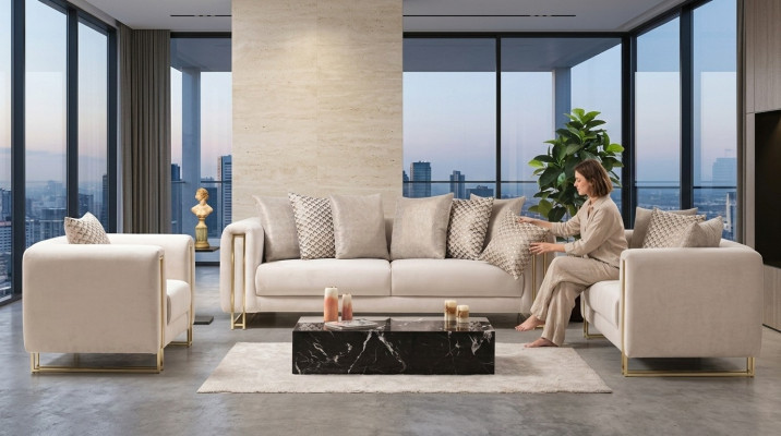 Design Textile 3-Seater White Elegant Modern Sofa Upholstery Couch New Living Room