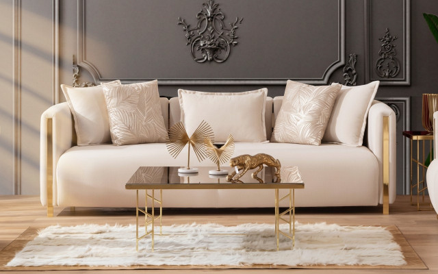 Sofáin trí shuí, troscán lúxúir, sofa núálach trí shuí, couch teicstíl 245cm