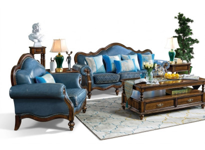 Blue Baroque Rococo Chesterfield Sofa Set 3+1 Seating Suite