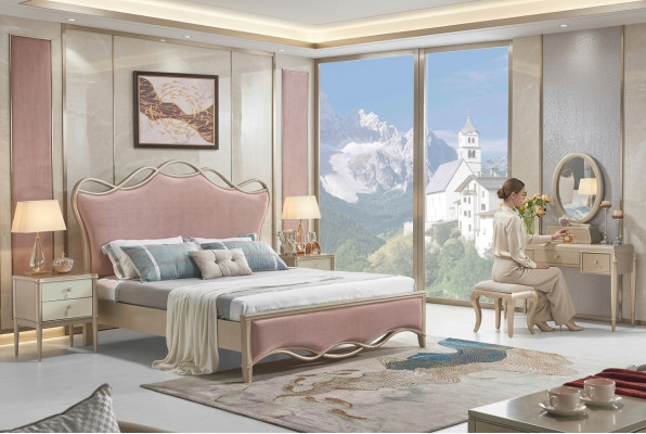 Stylish double bed in stunning pink color with two bedside tables