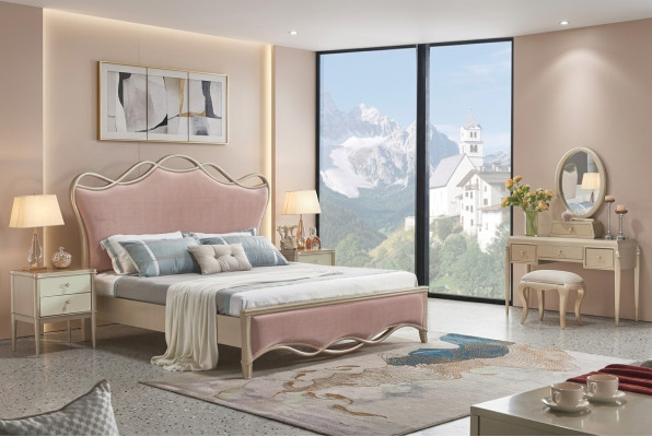 Stylish double bed in stunning pink color with two bedside tables