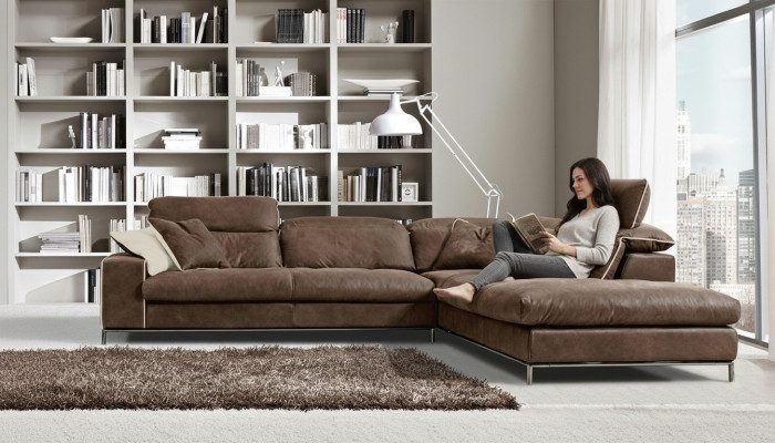 Design corner sofa Prianera modern luxury corner leather wood sofa L-shape brown