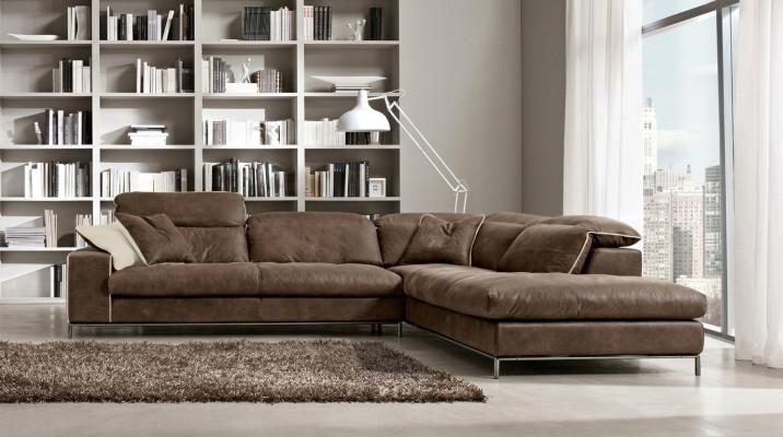 Design corner sofa Prianera modern luxury corner leather wood sofa L-shape brown