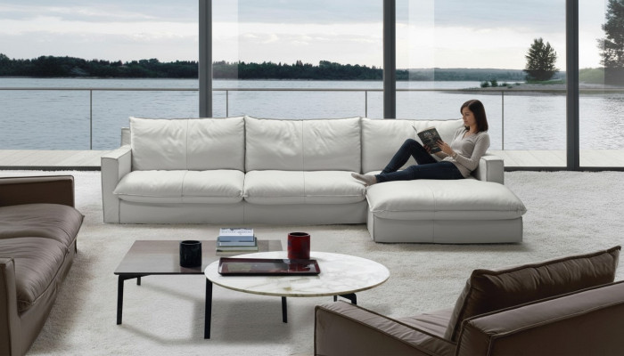 Corner sofa leather L-shaped couch corner luxury design upholstery white living room PRIANERA