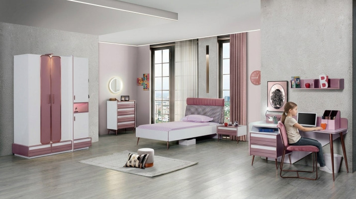 Children's room complete: bed, wardrobe, dresser, mirror, wall shelf, 7-piece set