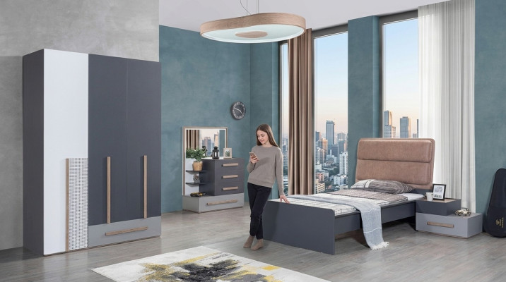 Youth room set gray bed nightstand wardrobe design new 4-piece set.