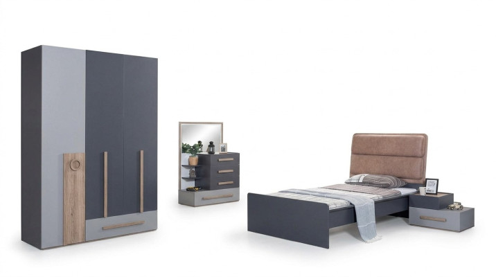 Youth room set gray bed nightstand wardrobe design new 4-piece set.