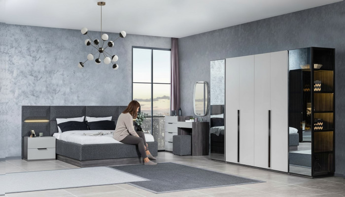 Bedroom bed nightstands wardrobe dresser with mirror furniture set 5-piece