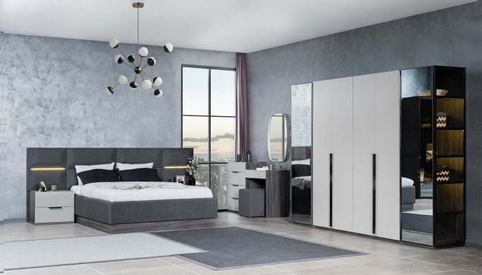Bedroom bed nightstands wardrobe dresser with mirror furniture set 5-piece