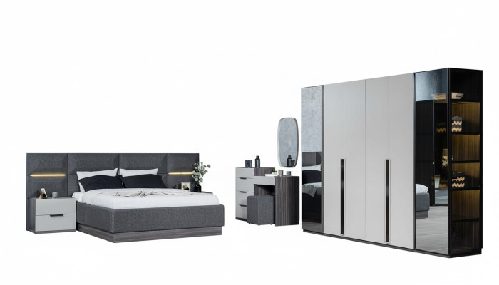 Bedroom bed nightstands wardrobe dresser with mirror furniture set 5-piece