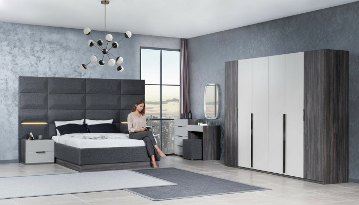 Bedroom bed, nightstand, wardrobe, dresser with mirror furniture set 5-piece