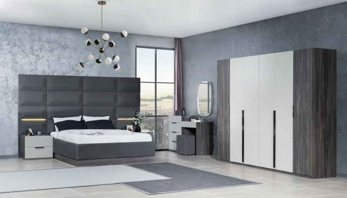 Bedroom bed, nightstand, wardrobe, dresser with mirror furniture set 5-piece