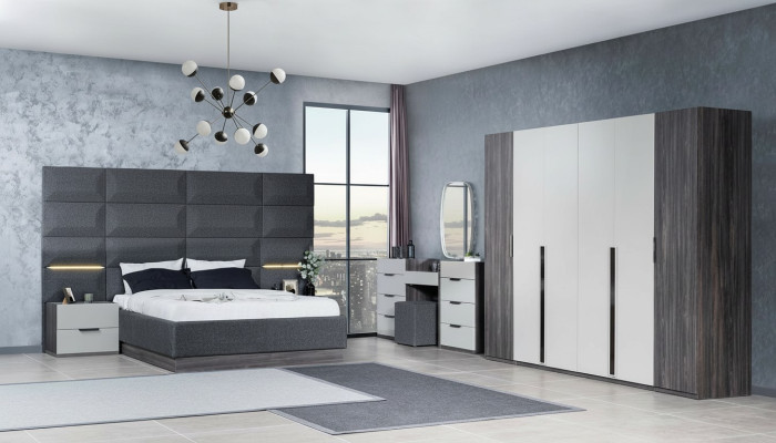 Bedroom bed, nightstand, wardrobe, dresser with mirror, 5-piece furniture set