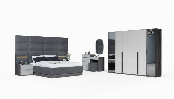 Bedroom bed bedside table wardrobe dresser with mirror furniture wood luxury